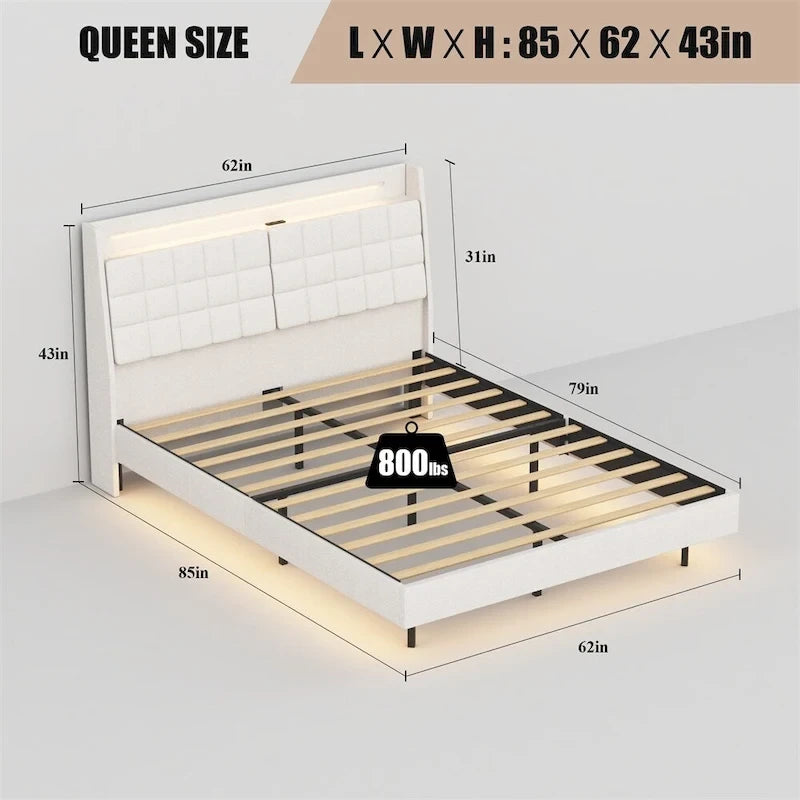 Lit plateforme rembourré avec tête de lit et station de recharge, format Queen Size, avec LED