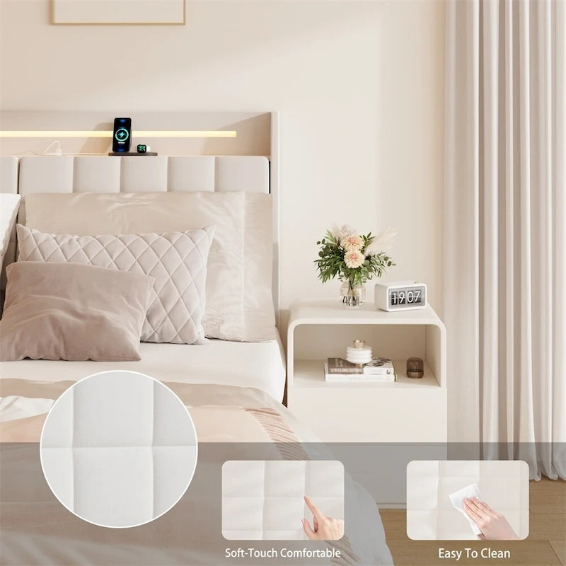 Lit plateforme rembourré avec tête de lit et station de recharge, format Queen Size, avec LED
