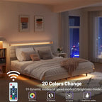 Lit plateforme rembourré avec tête de lit et station de recharge, format Queen Size, avec LED