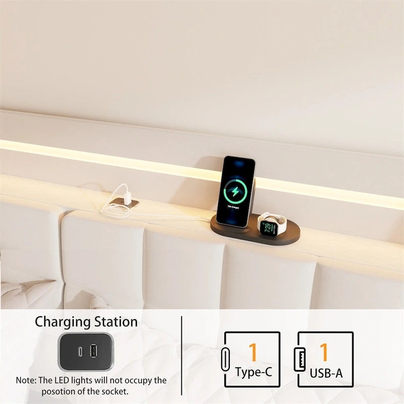 Lit plateforme rembourré avec tête de lit et station de recharge, format Queen Size, avec LED