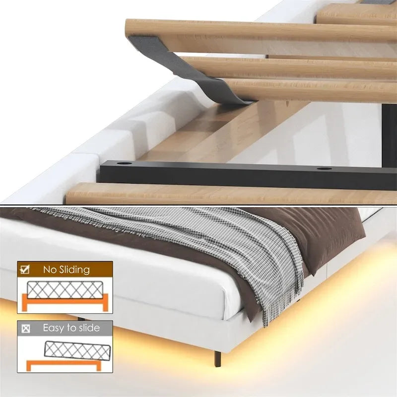 Lit plateforme rembourré avec tête de lit et station de recharge, format Queen Size, avec LED