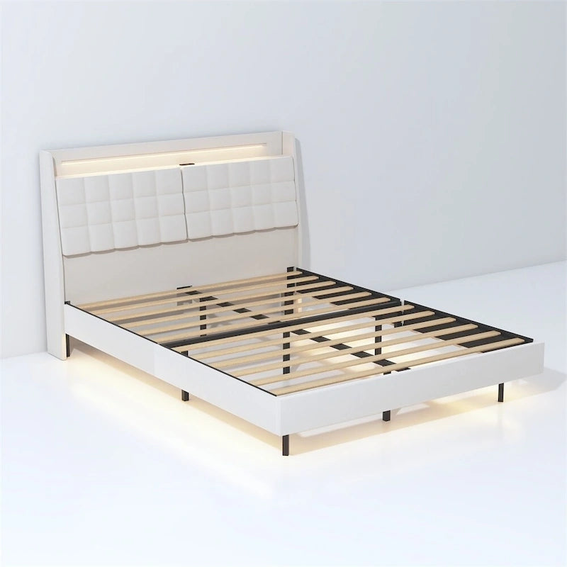 Lit plateforme rembourré avec tête de lit et station de recharge, format Queen Size, avec LED