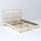 Lit plateforme rembourré avec tête de lit et station de recharge, format Queen Size, avec LED